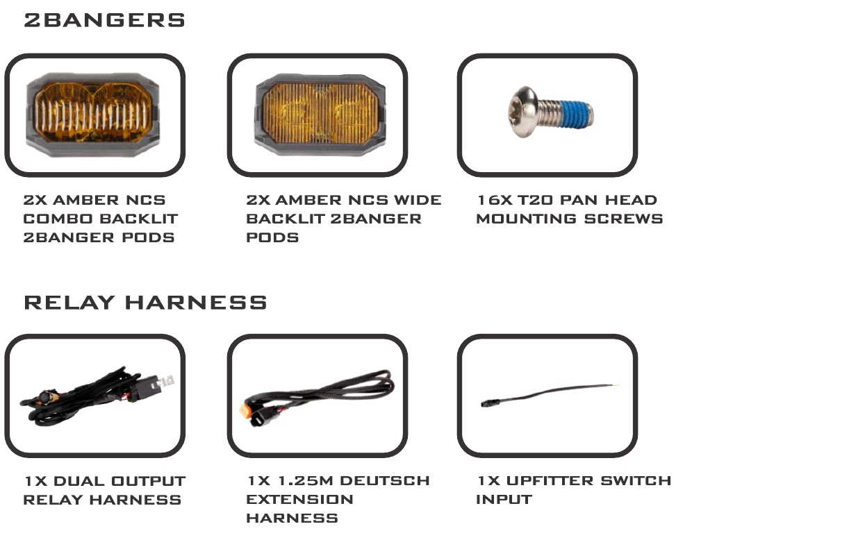 2014–2024 Toyota 4Runner Xbg Grille Installation Guide 2 Two Wide pods, two Combo pods, sixteen T20 screws and the dual-output relay harness with its extensions and upfitter input.