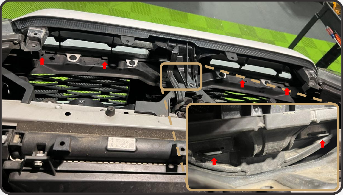 2014–2024 Toyota 4Runner Xbg Grille Installation Guide 5 Release the six lower grille tabs while pulling the grille forward.