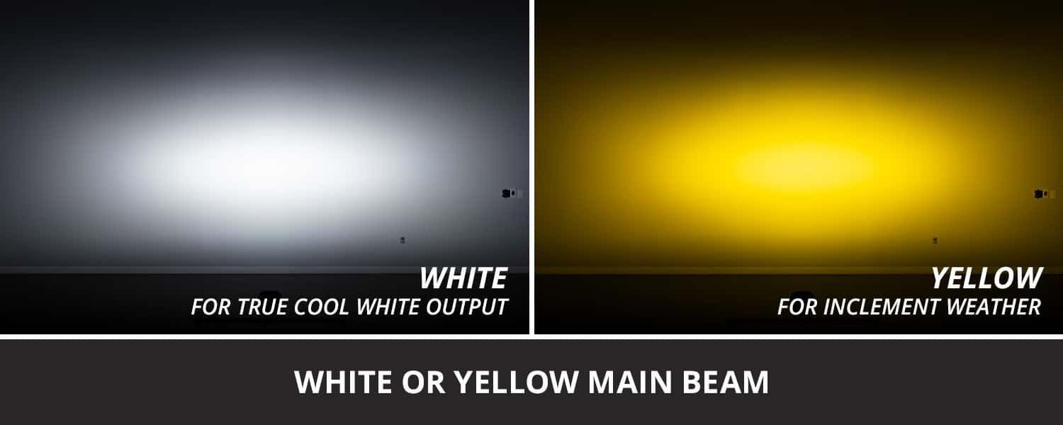 Diode Dynamics Ss3 Led Ditch Light Kit For 2019–2023 Ford Ranger 7 Manufacturer SS3 White/Yellow Combo beam comparison. Select one main-beam colour; the pods do not switch between white and yellow.