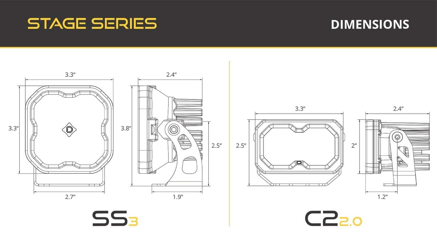 Diode Dynamics Ss3 Led Ditch Light Kit For 2019–2023 Ford Ranger 9 SS3 and C2 2.0 dimensions. Use the SS3 dimensions at left for this kit.