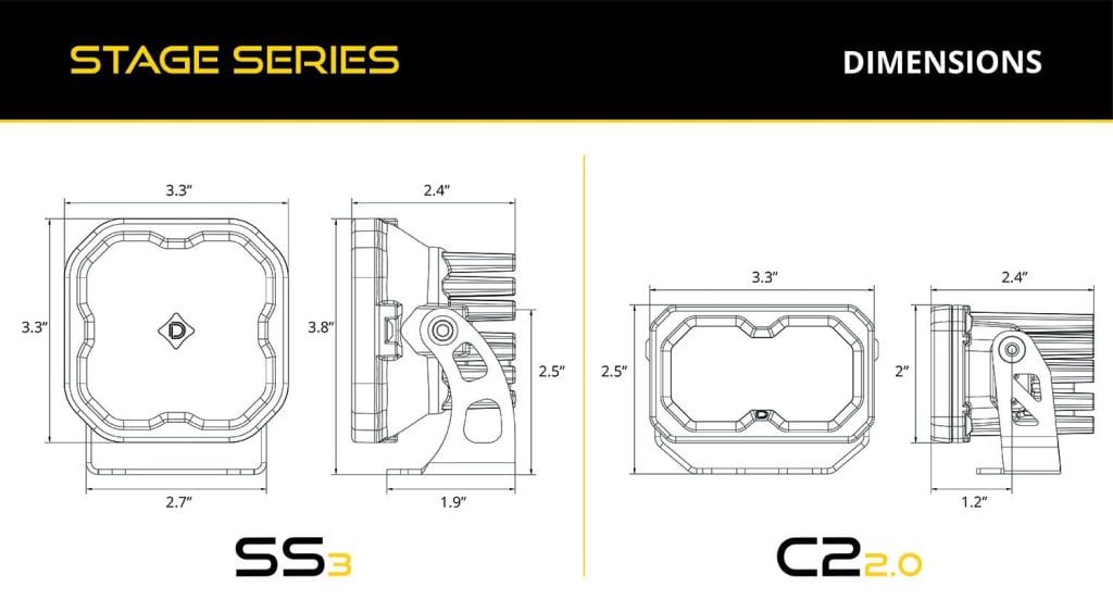 Diode Dynamics Ss3 Led Ditch Light Kit For 2016-2023 Toyota Tacoma 134 SS3 and C2 2.0 dimensions compared. Use the SS3 dimensions for this kit.