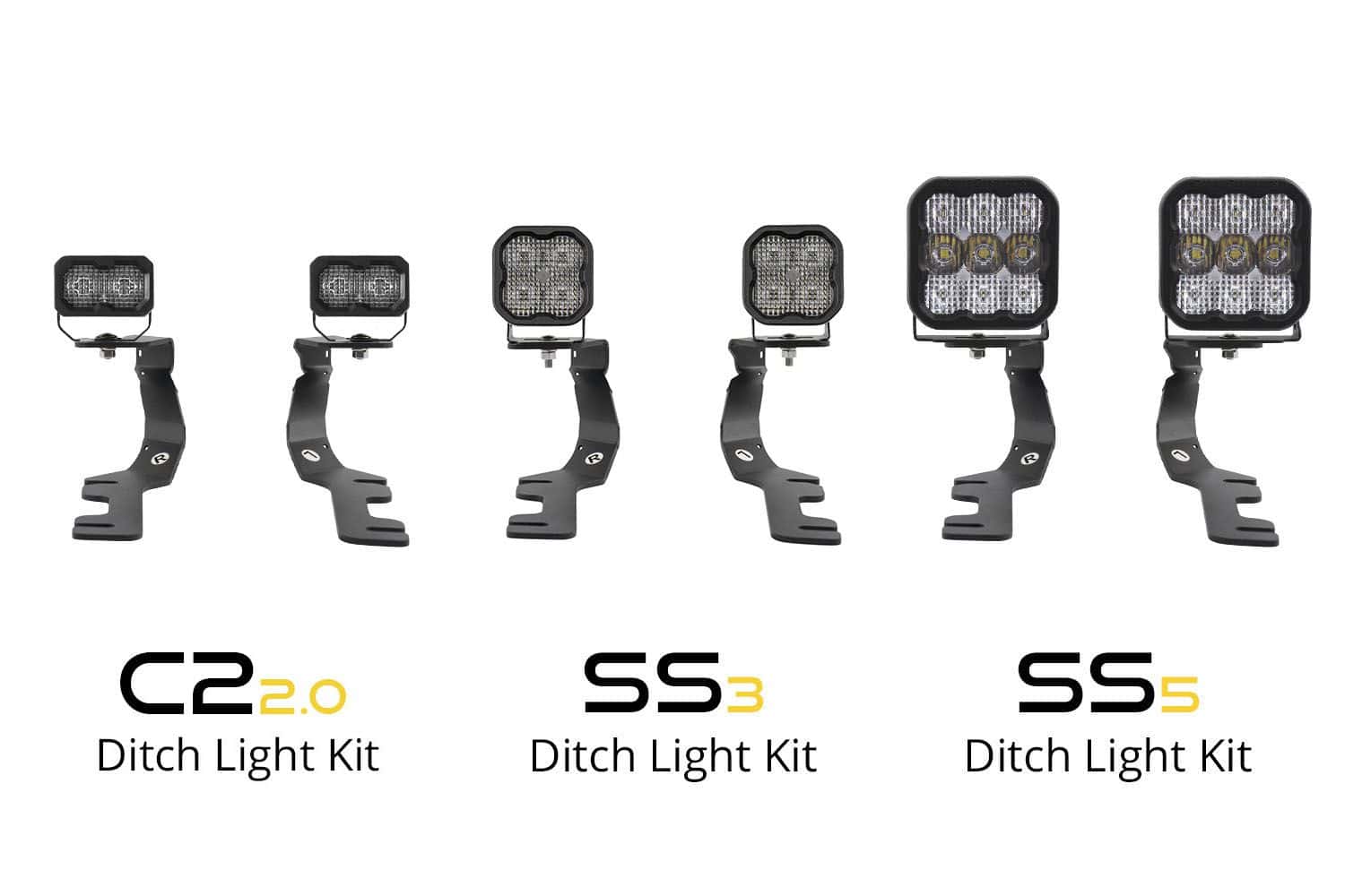 Diode Dynamics Stage Series Ditch Light Kit For 2019-2024 Ram Ss3 5 Ram pod-family comparison: C2 2.0 at left, SS3 centre and SS5 at right. This page supplies one C2 2.0 pair.