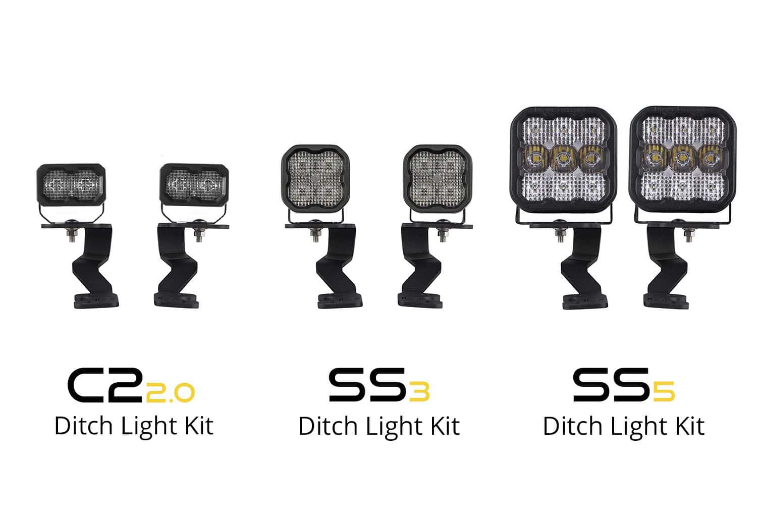 Diode Dynamics Stage Series Ditch Light Kit For 2022+ Toyota Tundra Ss3 4 Tundra pod-family size comparison: C2 2.0 at left, SS3 centre and SS5 at right. This page supplies one C2 2.0 pair.