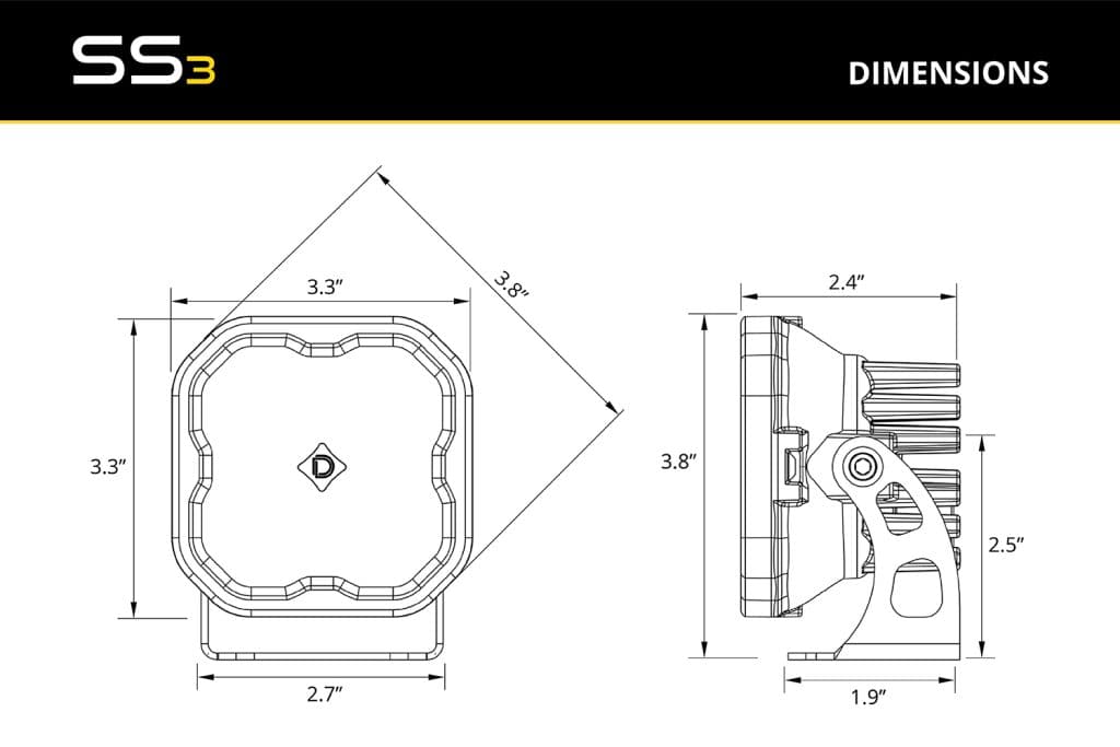 Diode Dynamics Ss3 Led Ditch Light Kit For 2021+ Ford Bronco 49 SS3 pod and mounting bracket dimensions.
