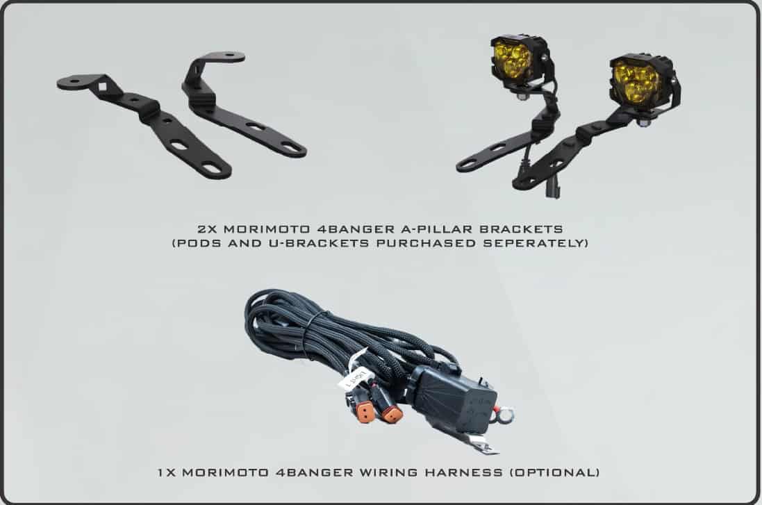 Tacoma Morimoto Ditch-Light Bracket Installation Guide 2 The BAF028 bracket pair and example pods and harness. Bracket-only and complete-kit packages have different contents.