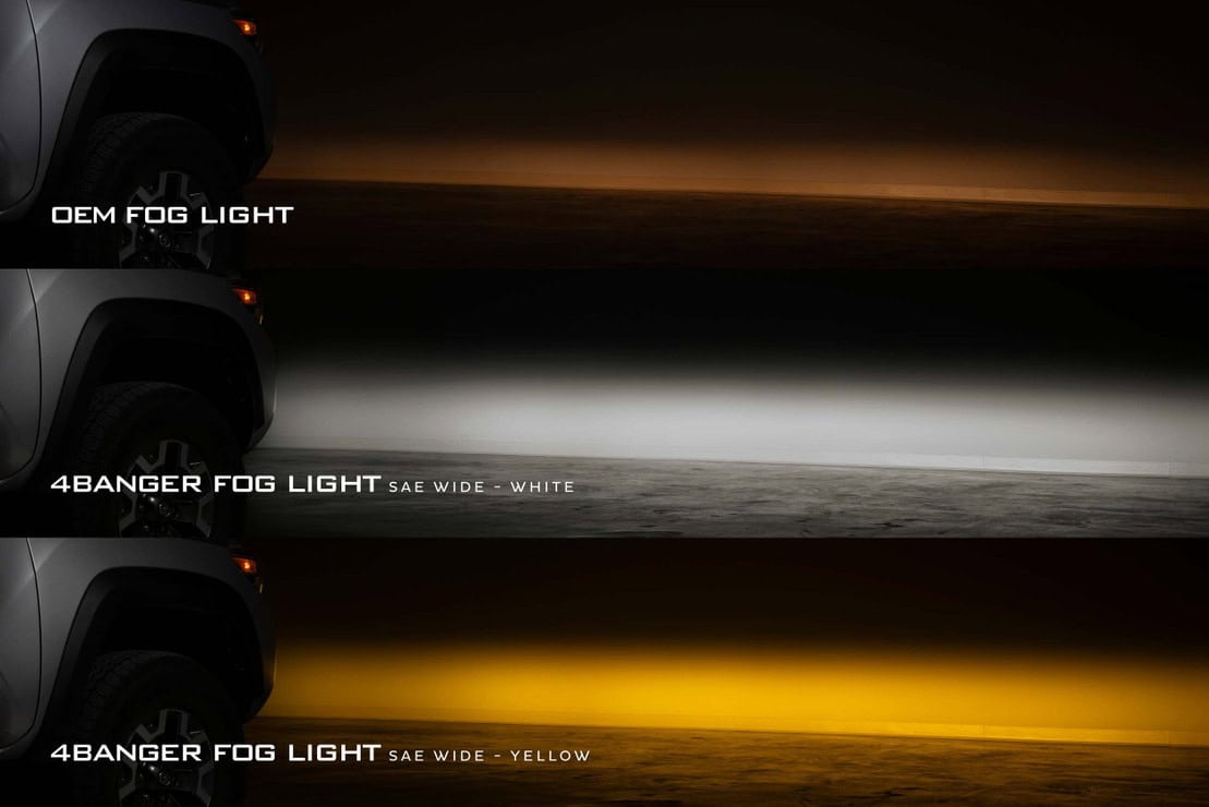 Morimoto 4Banger 2.0 Complete Fog Light Kit For 2012–2023 Toyota Tacoma 59 Morimoto’s SAE Wide comparison: original fog light, white 4Banger and yellow 4Banger.