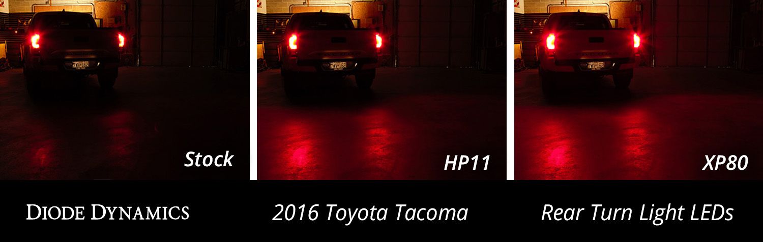 Diode Dynamics 7440/7443 Amber Or Red Led Bulbs (Pair) 105 Rear Turn Signal LEDs for 2016-2023 Toyota Tacoma (pair) · Application example: check the colour and year/function table; XP80 tail/brake examples apply to 2016–2019, not 2020–2023.
