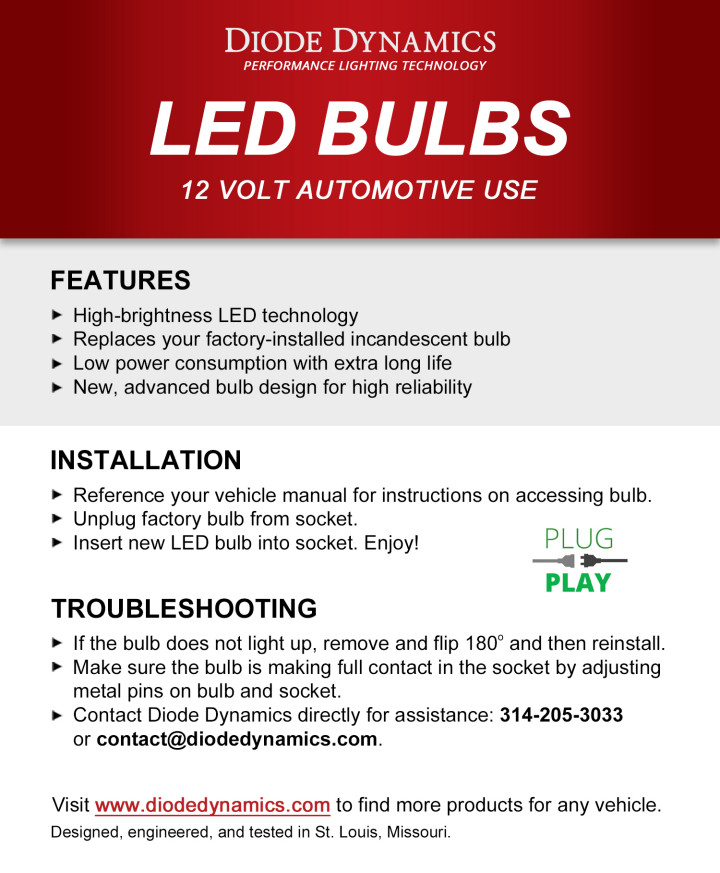 Toyota Tacoma Interior Led Bulb Installation And Size Checks 11 Original Diode Dynamics miniature-bulb installation sheet; generic 12 V technique, not Tacoma trim-removal instructions.