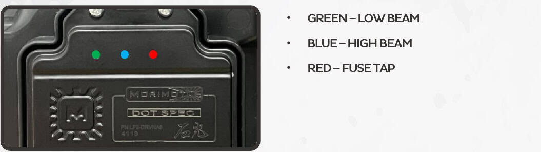 2016–2023 Tacoma Morimoto Evo Headlight Installation Guide 37 Driver status: green = low beam, blue = high beam, red = fuse-tap power.
