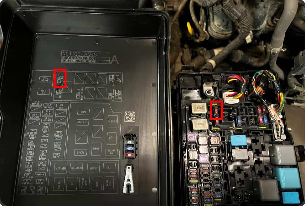 2016–2023 Tacoma Morimoto Evo Headlight Installation Guide 31 The manufacturer identifies the driver-side fuse box and 10A INJ fuse.