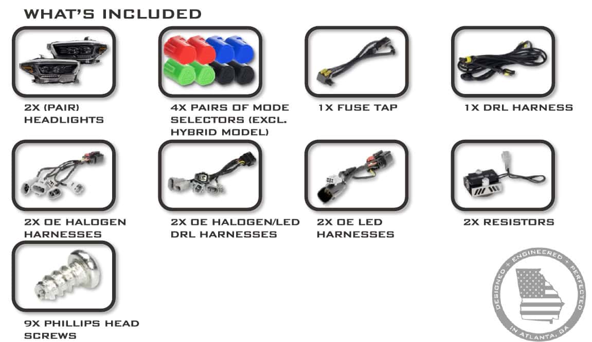 2016–2023 Tacoma Morimoto Evo Headlight Installation Guide 1 Included headlights, equipment-specific adapters, DRL harness, resistors and hardware. Mode keys apply to Evo only.
