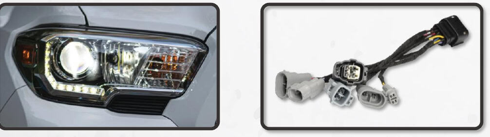 2016–2023 Tacoma Morimoto Evo Headlight Installation Guide 27 Halogen factory headlight with LED DRL and matching adapter.