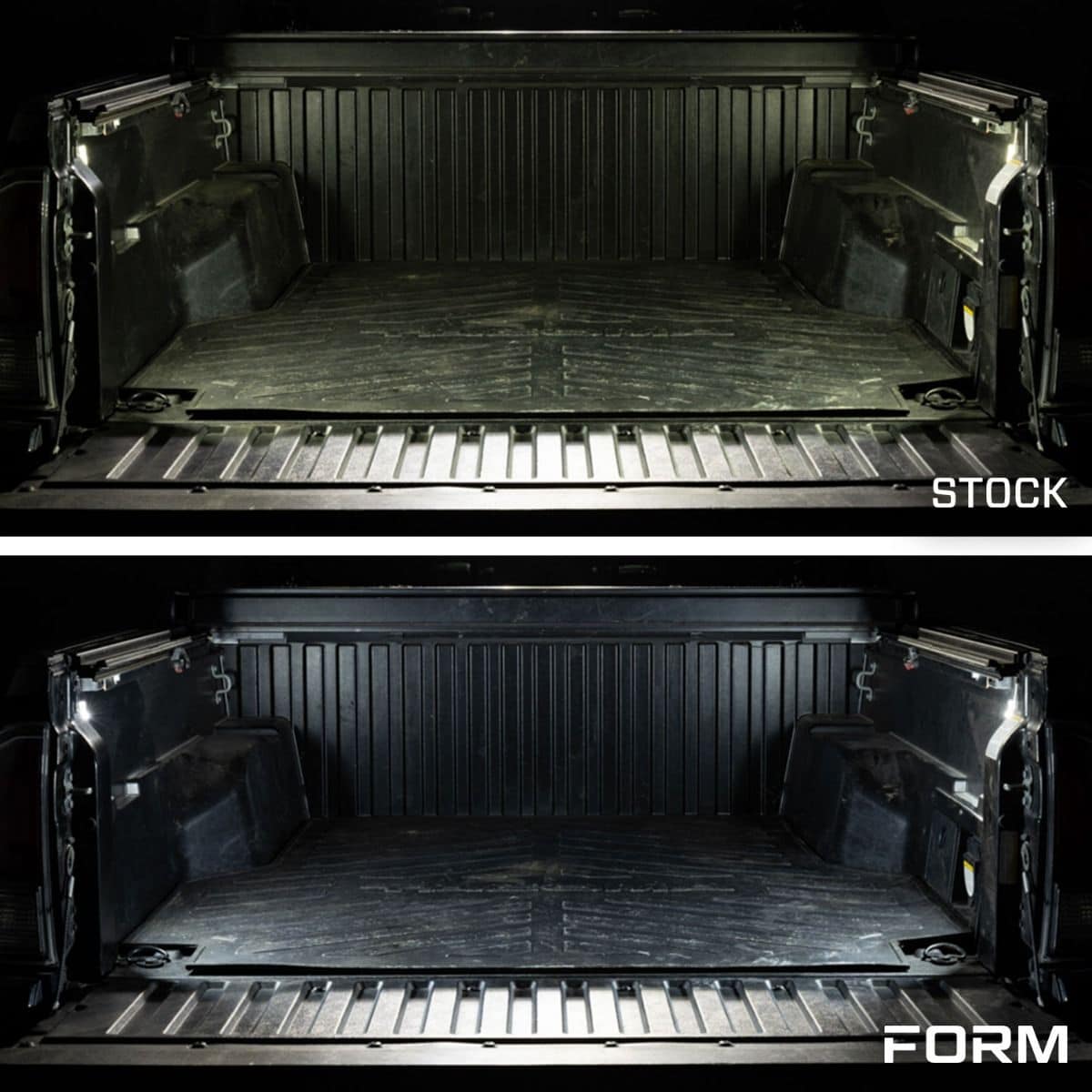 Form Led Bed Lights For 2020–2023 Toyota Tacoma (Pair) 12 Supplier cargo-area comparison of original and FORM bed-light illumination.