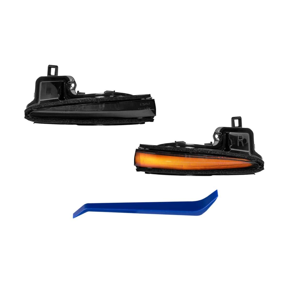 Form Sequential Led Mirror Lights For 2016–2023 Toyota Tacoma (Pair) 12 FL0032 left and right mirror lamps with the illustrated trim tool; one lamp illuminated.
