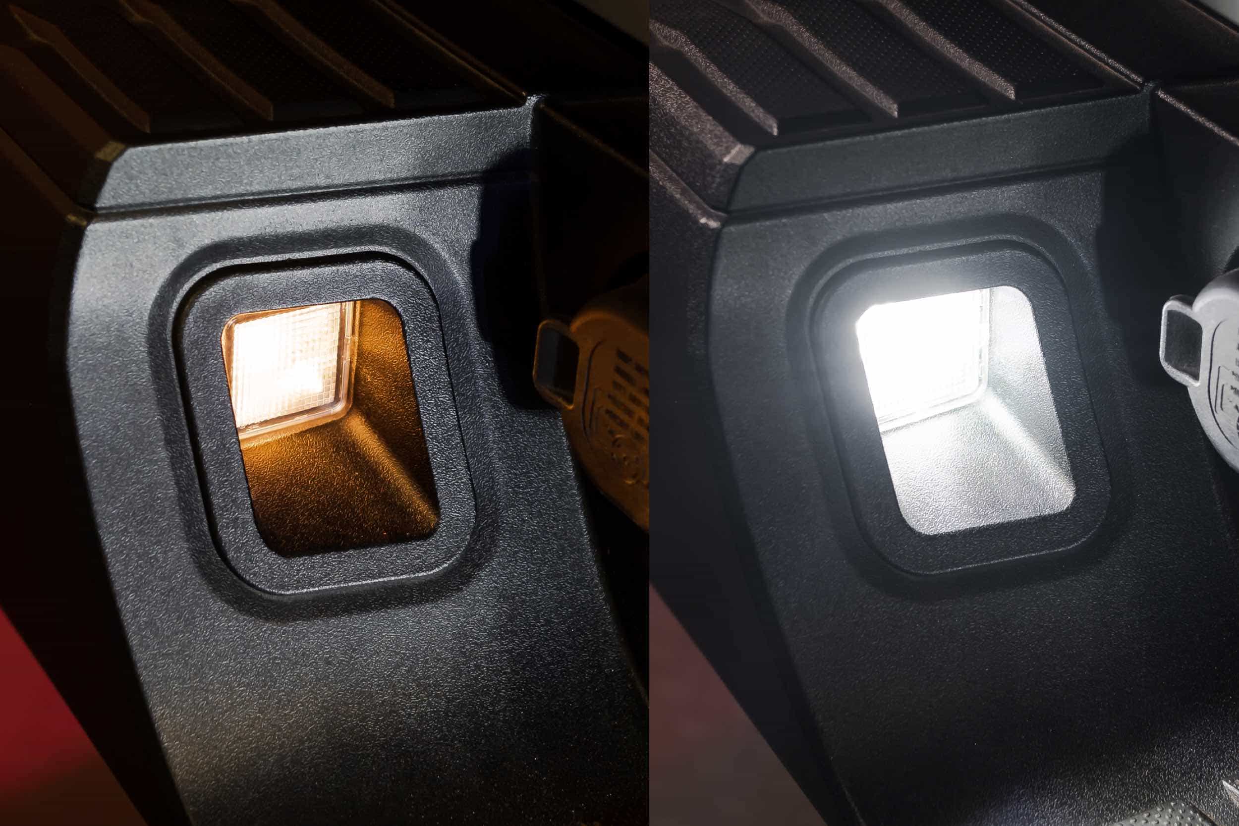 Morimoto Xb Led License Plate Lights For 2016–2023 Toyota Tacoma (Pair) 15 Supplier side-by-side comparison of original and XB plate-light illumination.