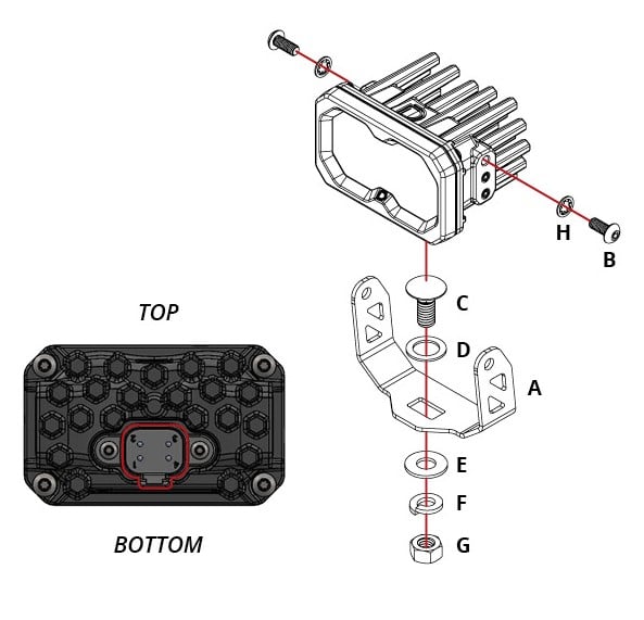 2016–2023 Toyota Tacoma Ditch Light Installation Guide 9 Current C2 2.0/C2R bracket assembly; note the indicated top and bottom.