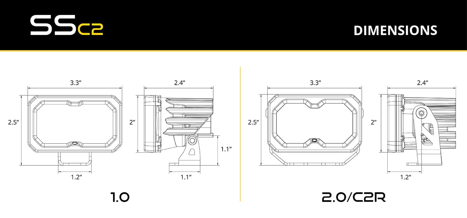2016–2023 Toyota Tacoma Ditch Light Installation Guide 13 Manufacturer dimensions distinguish original SSC2 from C2 2.0/C2R.