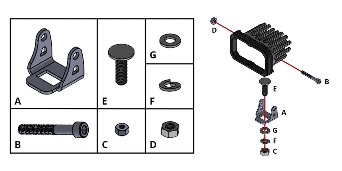 2016–2023 Toyota Tacoma Ditch Light Installation Guide 6 Original SSC2 hardware and assembly from the Tacoma article; this is not the C2 2.0 fastener layout.