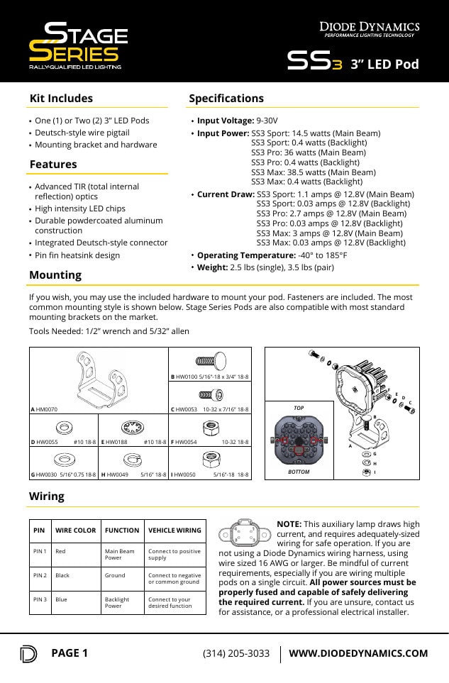 2016–2023 Toyota Tacoma Ditch Light Installation Guide 14 Original SS3 manual page 1: bracket assembly, connector functions and fused wiring requirements.