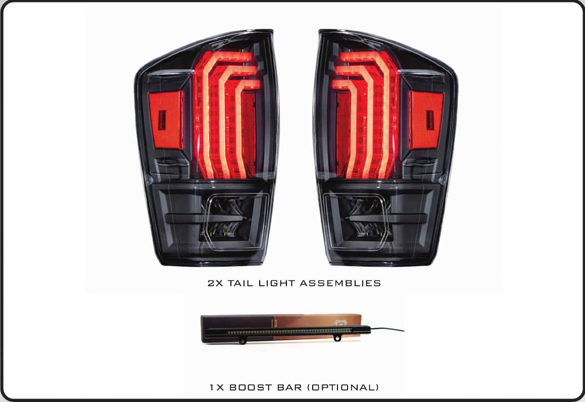 2016–2023 Tacoma Morimoto Xb Tail-Light Installation Guide 1 The pair of tail lights and the separately purchased optional Boost Bar.
