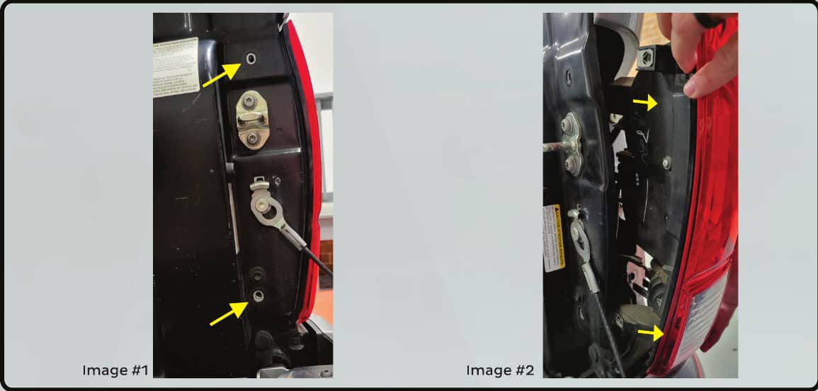 2016–2023 Tacoma Morimoto Xb Tail-Light Installation Guide 2 Remove the two10mm bolts and pull the original assembly rearward to release the retaining points.