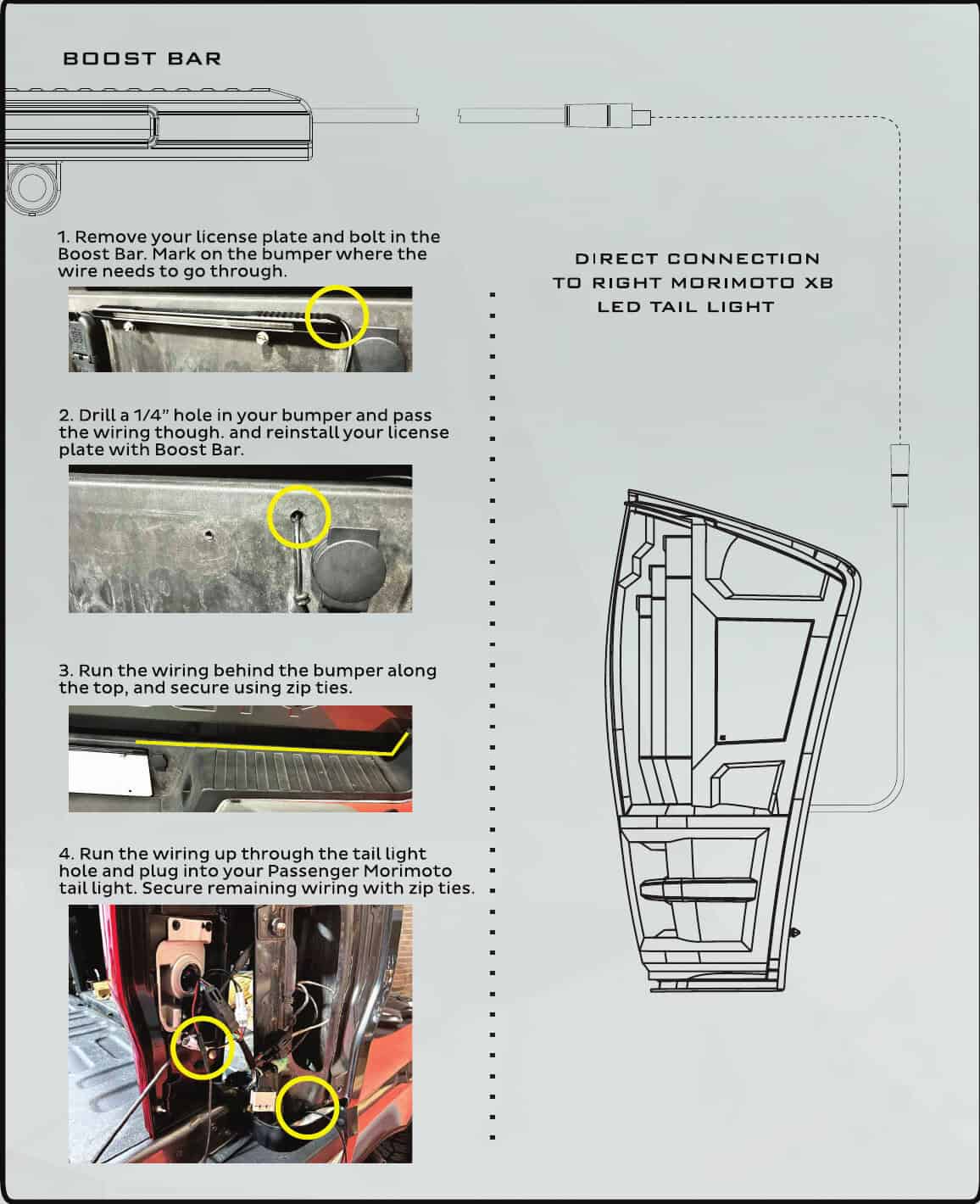 2016–2023 Tacoma Morimoto Xb Tail-Light Installation Guide 5 Optional Boost Bar mounting, bumper cable hole, protected routing and right-tail-light connection.