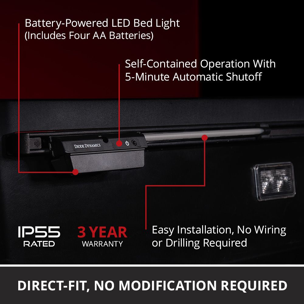 Diode Dynamics Blade Led Bed Light With Toyota Bed Rail Adapter 5 Battery power, five-minute shutoff and Toyota rail mounting.