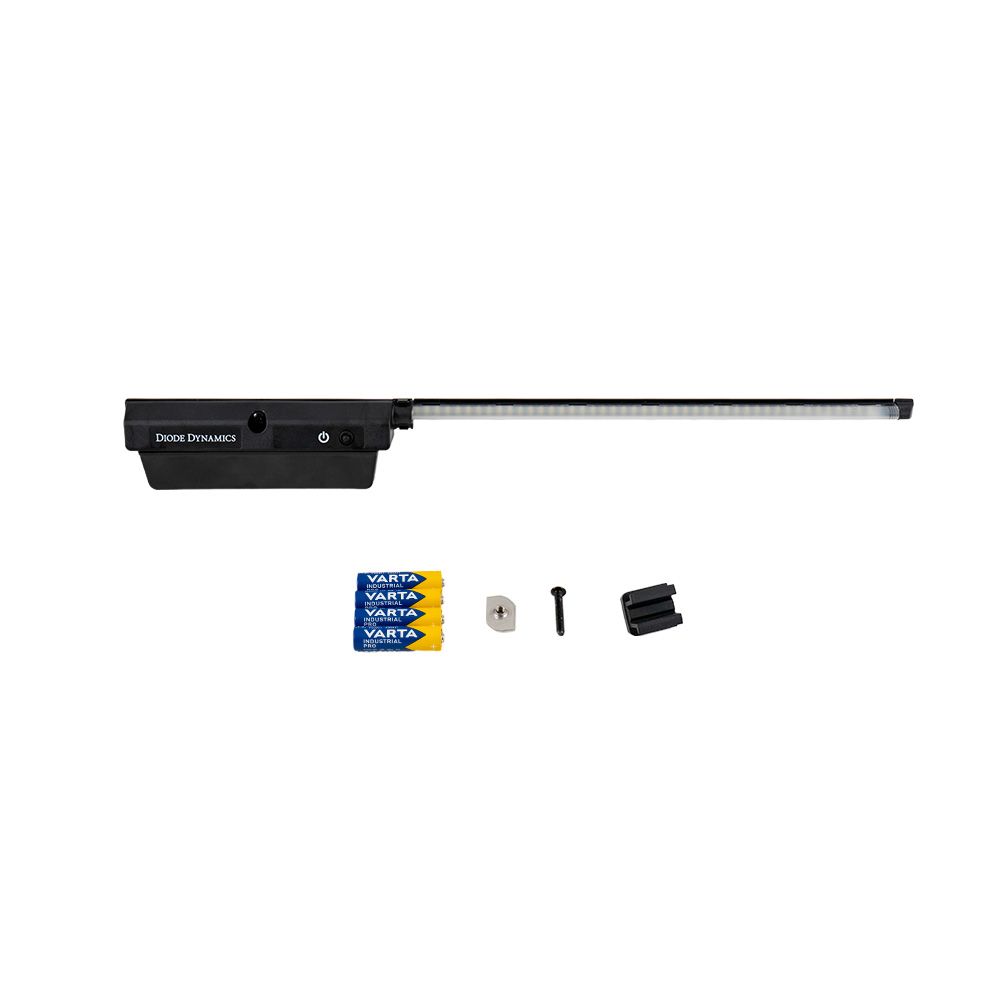 Diode Dynamics Blade Led Bed Light With Toyota Bed Rail Adapter 16 DD8981 Blade light, Toyota rail-mount hardware and four AA batteries.
