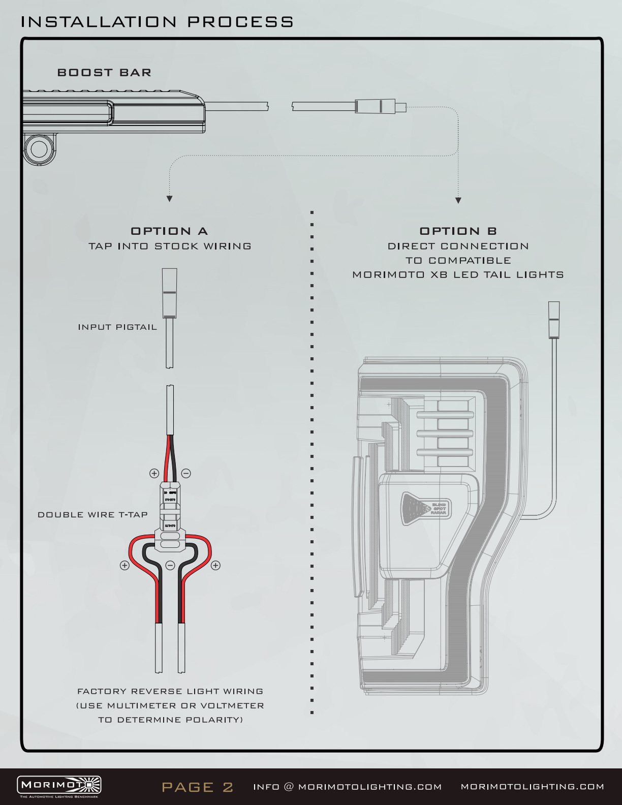 Morimoto Backup Light Boost Bar Wiring Guide 1 Original LED700 wiring diagram: universal tapped connection or matching Boost-enabled Morimoto XB tail-light output.