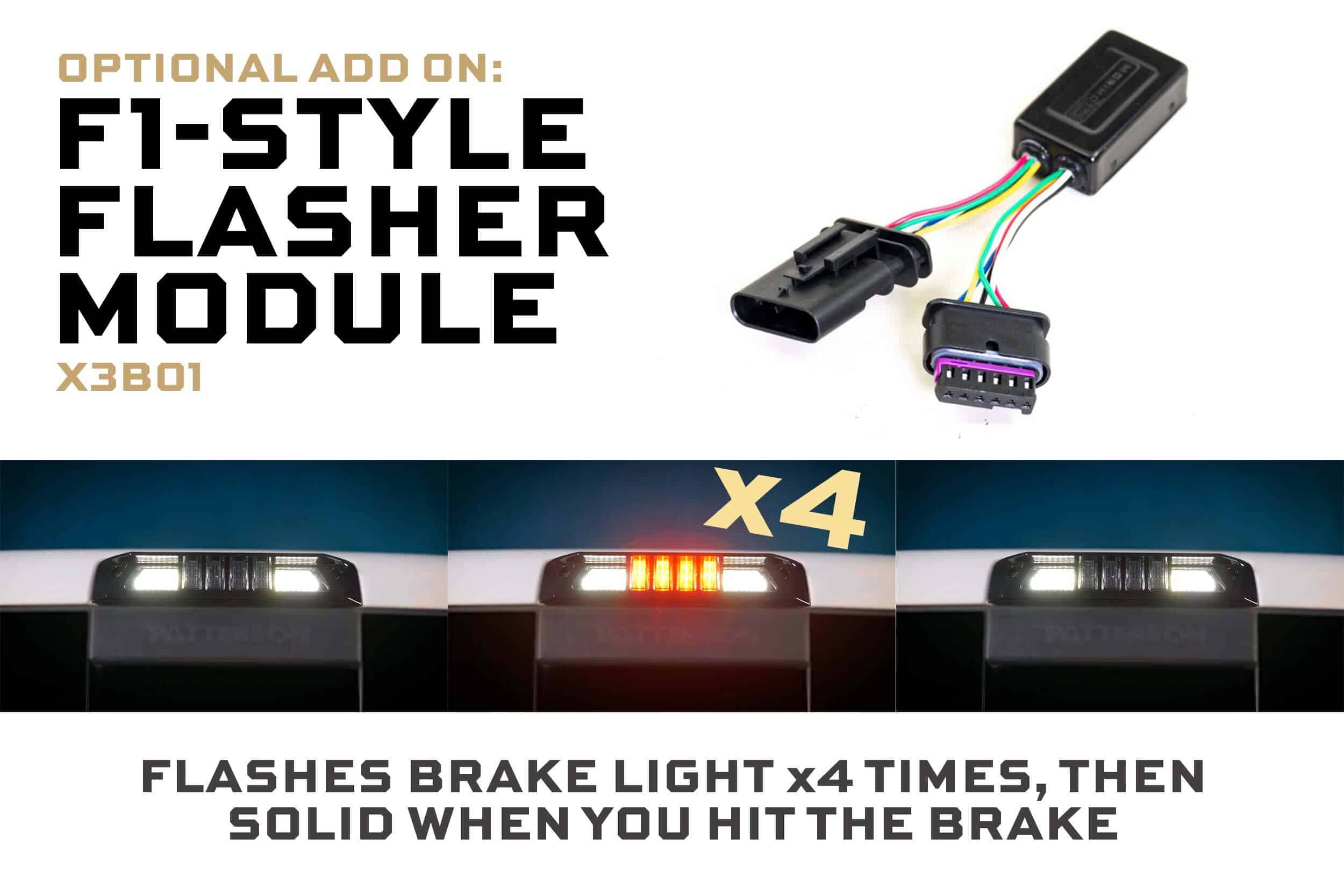 Morimoto X3B Led Third Brake Light For 2016–2023 Toyota Tacoma Double Cab 15 Optional X3B01 rapid-flash module, sold separately; generic function illustration.