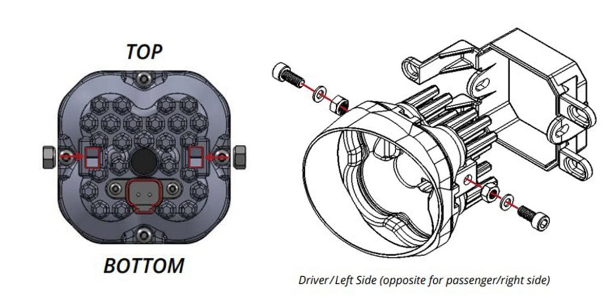 2016–2023 Toyota Tacoma Ss3 Fog Light Installation Guide 1 Original Type B assembly diagram: nut orientation, pod top/bottom and the left/right bracket arrangement.