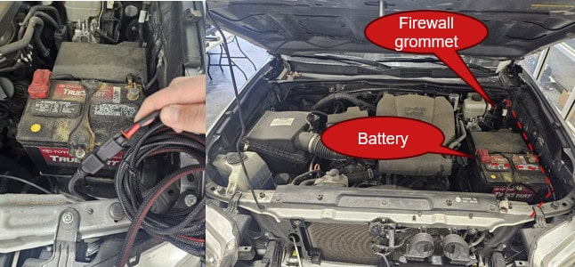 2016–2023 Toyota Tacoma Stealth Lightbar Installation Guide 13 Battery location and factory firewall-grommet route.
