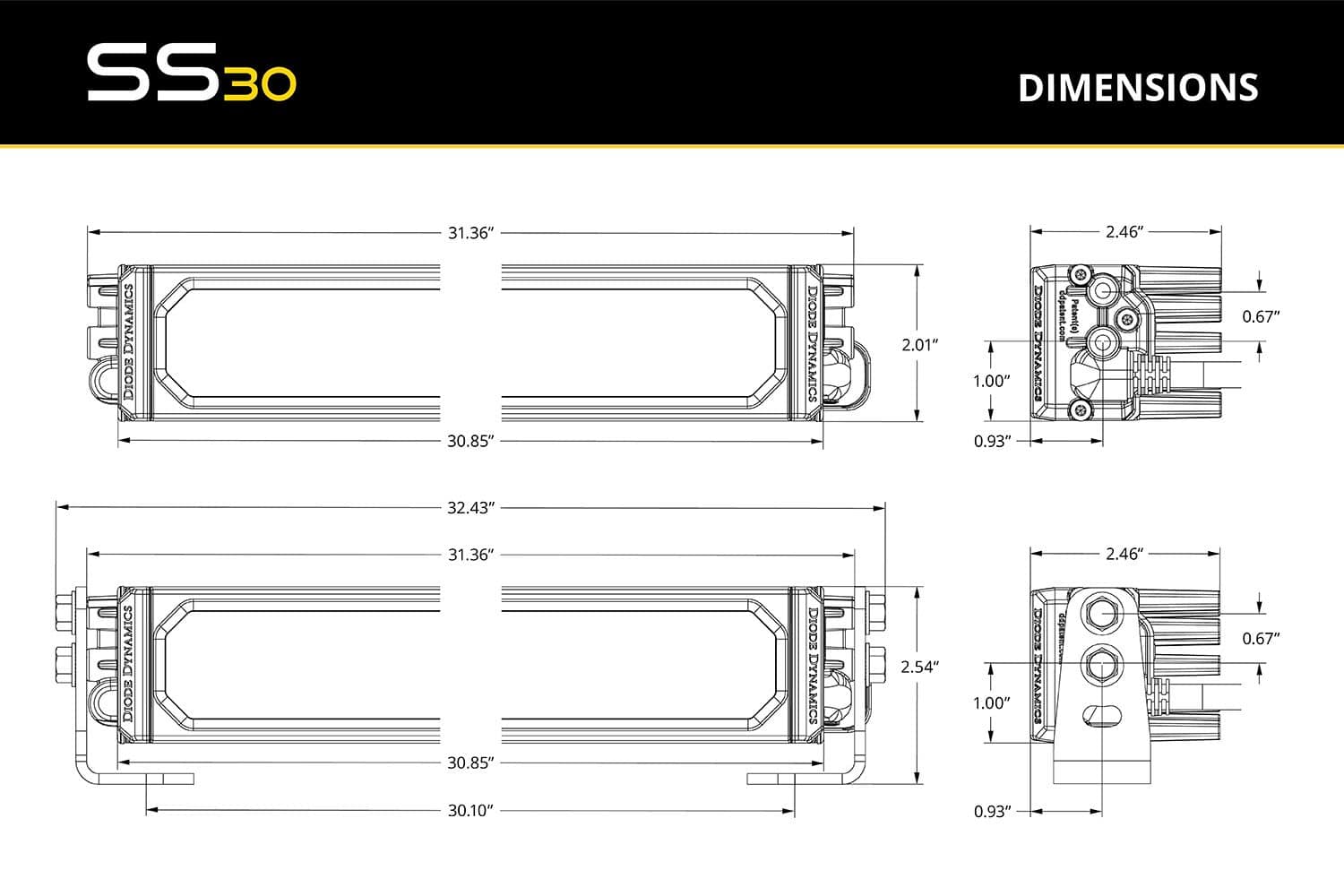 2016–2023 Toyota Tacoma Stealth Lightbar Installation Guide 14 Manufacturer SS30 dimensional drawing. Confirm clearance on the actual vehicle before using a custom mount.