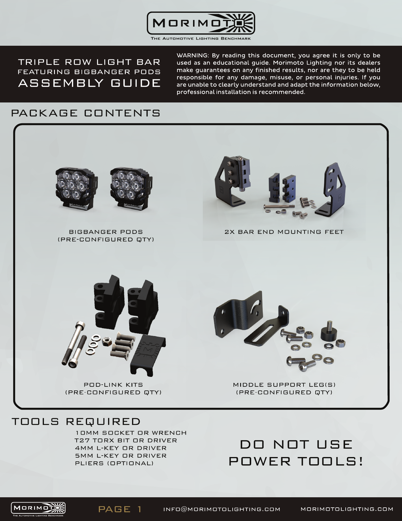 Jeep Jl Morimoto Roof Light-Bar Installation Guide 26 BigBanger bar assembly — manufacturer page 1. Open the image at full size to read every label.