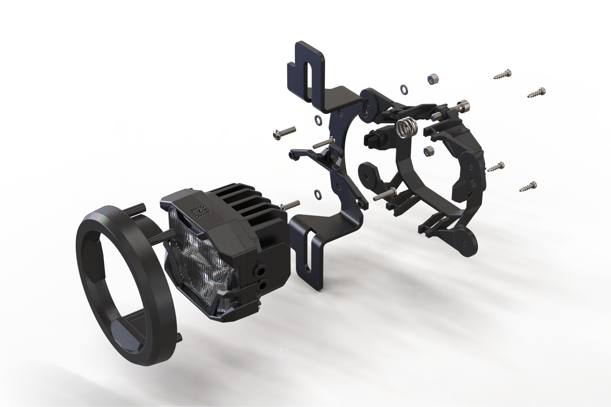 Morimoto 4Banger Ncs Wide Fog-Light Kit For 2018–2026 Jeep Wrangler Jl 3 Representative assembled kit. Select the listed output level, colour and optic; other vehicle lighting in installation photos is not included.