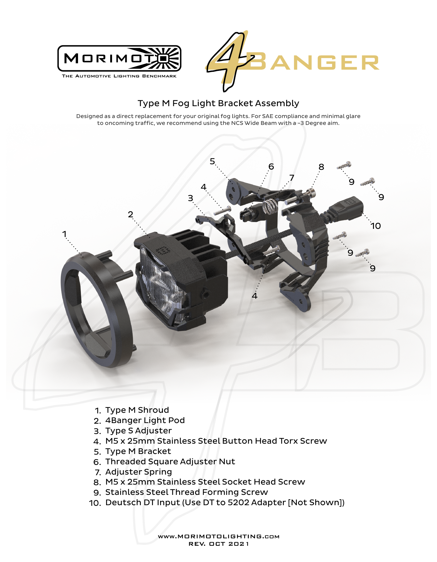 Jeep Jk Morimoto 4Banger Fog-Light Installation Guide 1 Type M exploded assembly diagram — manufacturer page 1. Open the image at full size to read every label.