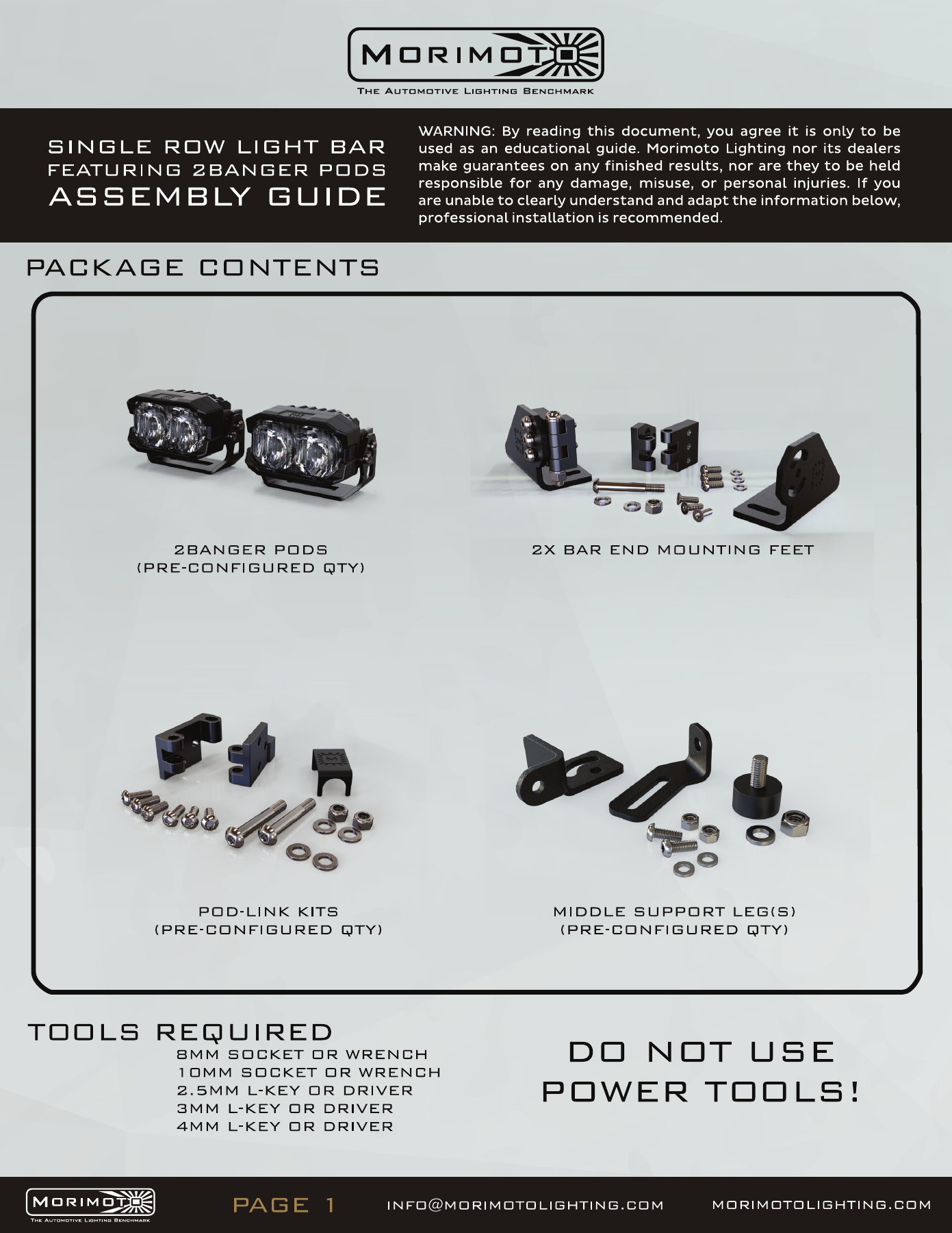 Jeep Jl Morimoto Roof Light-Bar Installation Guide 9 2Banger bar assembly — manufacturer page 1. Open the image at full size to read every label.