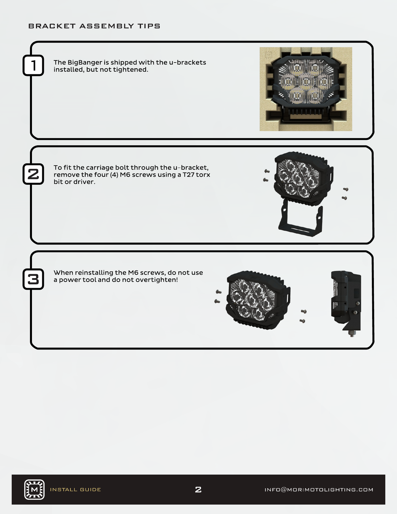 Jeep Jl Morimoto Ditch-Light Installation Guide 7 BigBanger pod assembly and pinout — manufacturer page 2. Open the image at full size to read every label.