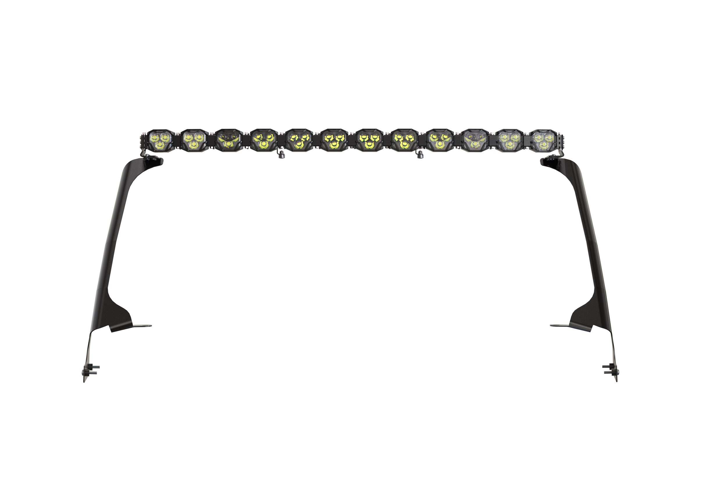 Morimoto 4Banger 12-Pod Roof Light-Bar Kit For 2018–2026 Jeep Wrangler Jl 3 Representative assembled kit. Select the listed output level, colour and optic; other vehicle lighting in installation photos is not included.