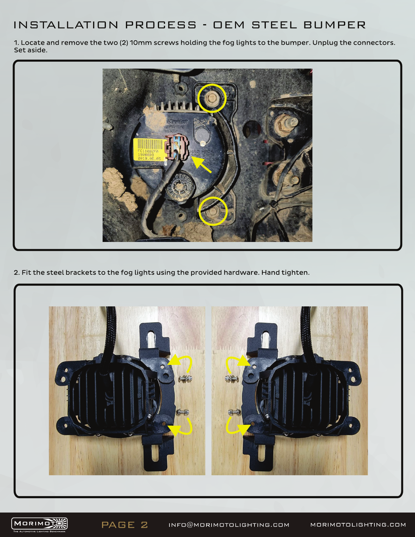 Jeep Jl Morimoto 4Banger Fog-Light Installation Guide 2 JL steel-bumper installation — manufacturer page 2. Open the image at full size to read every label.
