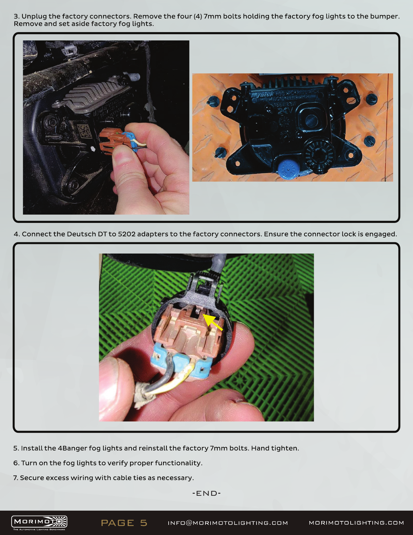Jeep Jl Morimoto 4Banger Fog-Light Installation Guide 5 JL plastic-bumper installation — manufacturer page 5. Open the image at full size to read every label.