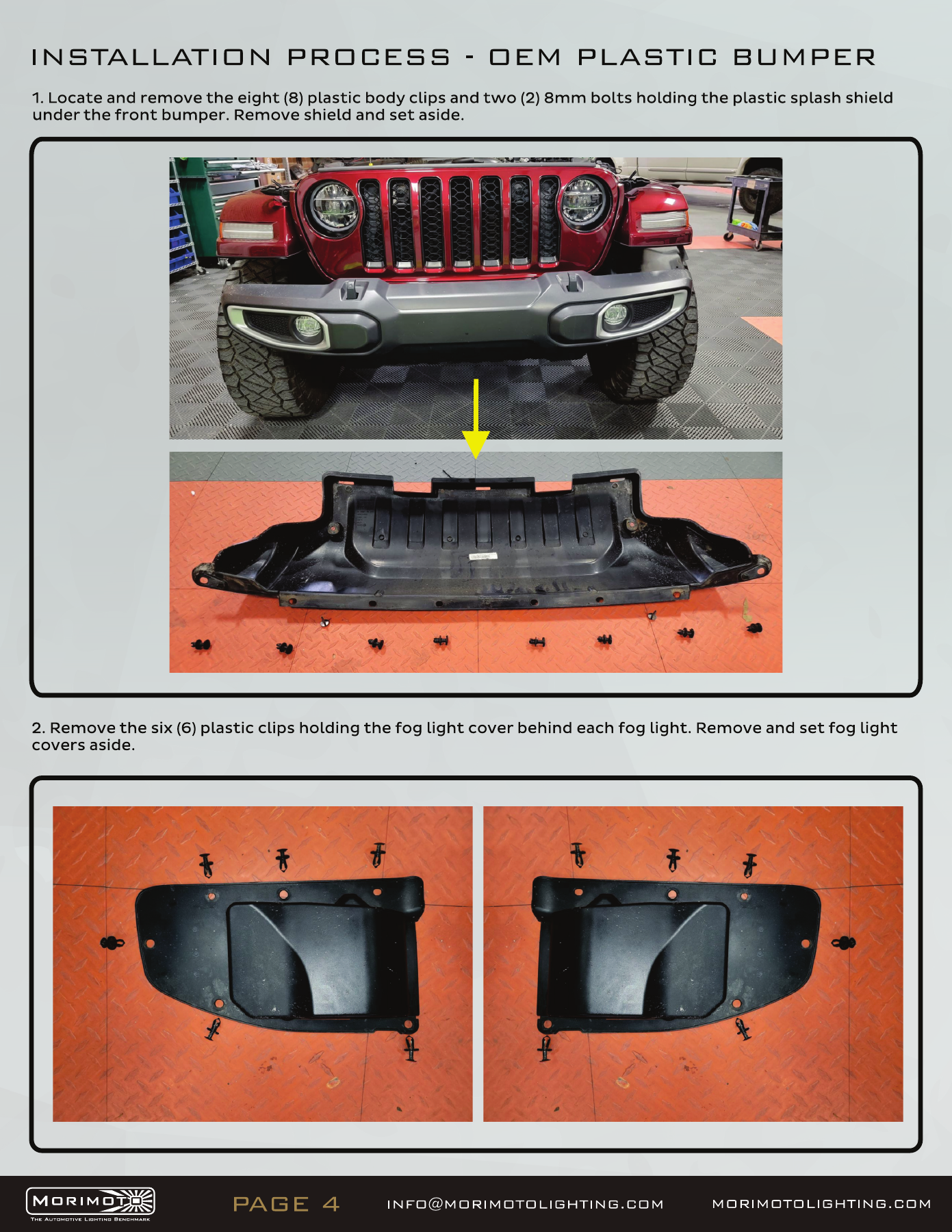 Jeep Jl Morimoto 4Banger Fog-Light Installation Guide 4 JL plastic-bumper installation — manufacturer page 4. Open the image at full size to read every label.