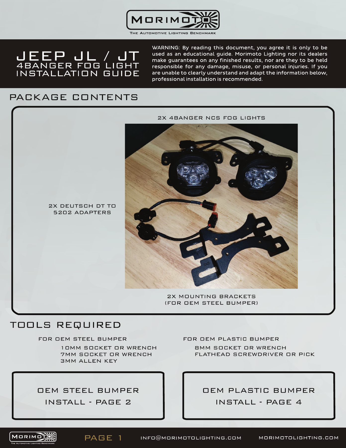 Jeep Jl Morimoto 4Banger Fog-Light Installation Guide 1 JL fog-kit contents and required tools — manufacturer page 1. Open the image at full size to read every label.