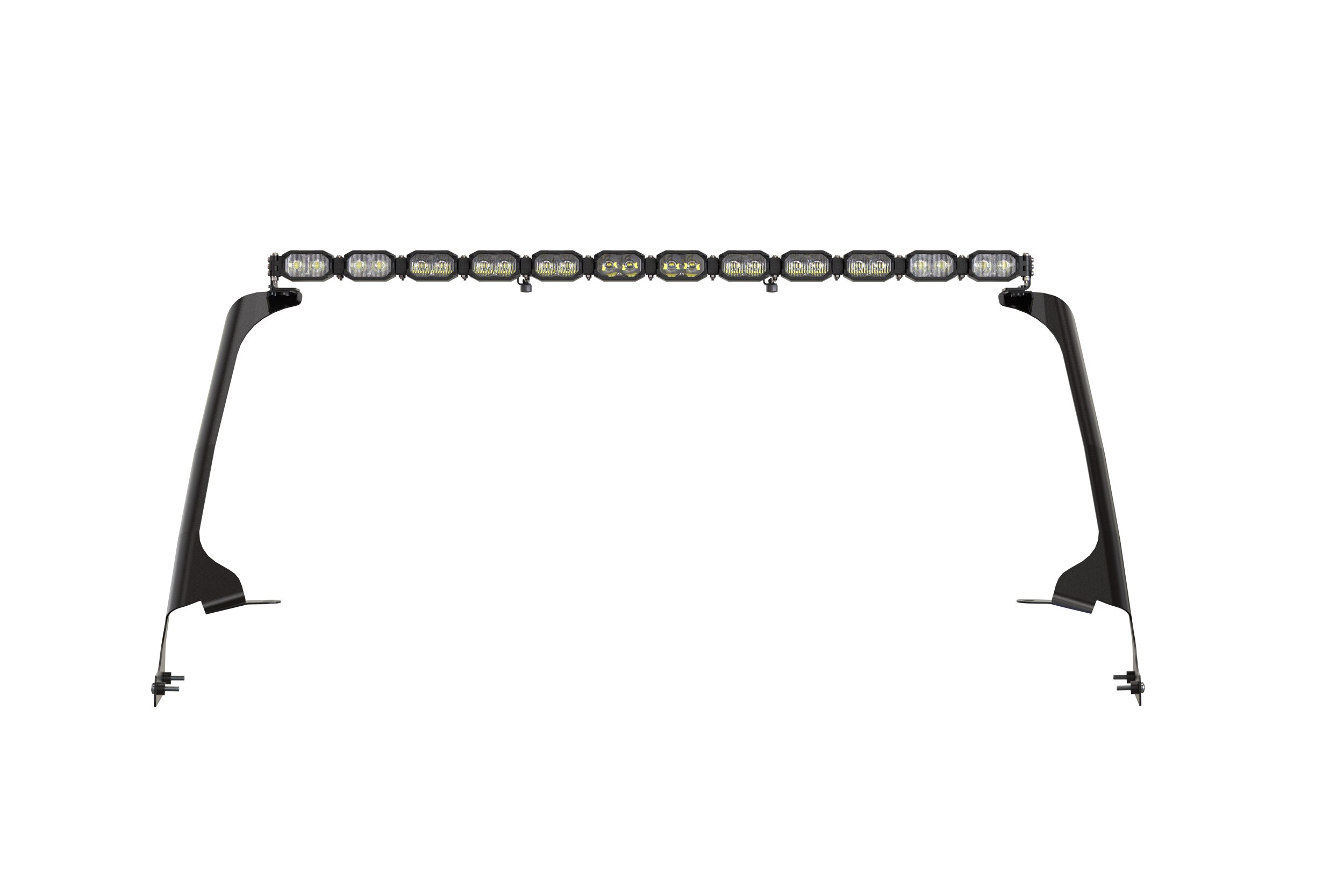 Morimoto 2Banger 12-Pod Roof Light-Bar Kit For 2018–2026 Jeep Wrangler Jl 3 Representative assembled kit. Select the listed output level, colour and optic; other vehicle lighting in installation photos is not included.