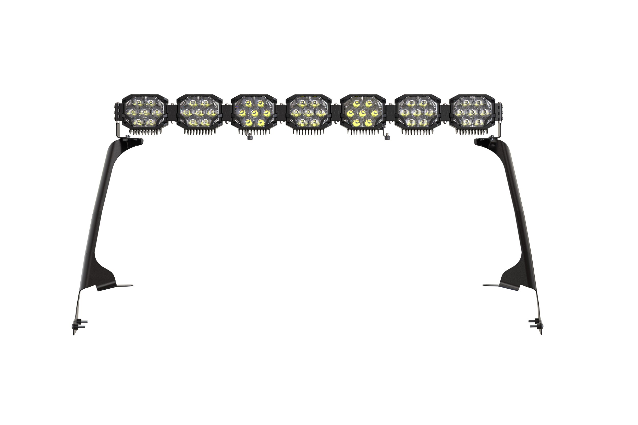 Morimoto Bigbanger 7-Pod Roof Light-Bar Kit For 2018–2026 Jeep Wrangler Jl 3 Representative assembled kit. Select the listed output level, colour and optic; other vehicle lighting in installation photos is not included.