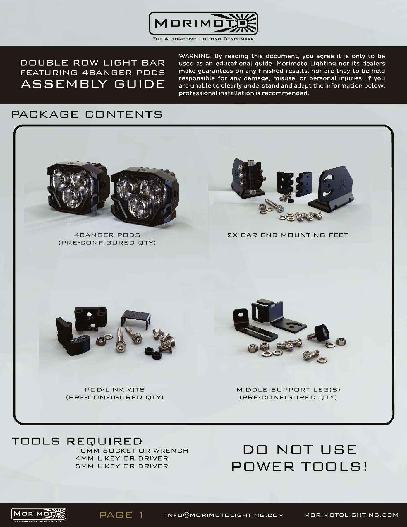 Jeep Jl Morimoto Roof Light-Bar Installation Guide 18 4Banger bar assembly — manufacturer page 1. Open the image at full size to read every label.